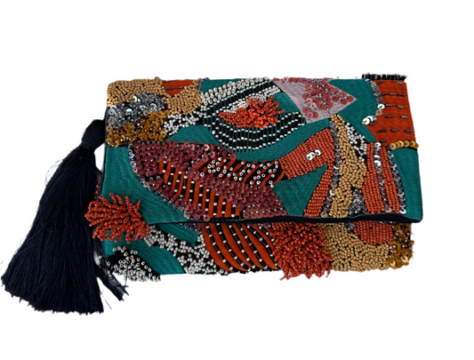 Beaded spanish clutch with a long strap